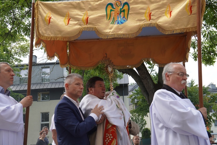 Procesja eucharystyczna z wrocławskiego Kozanowa na Pilczyce z kwietnymi dywanami