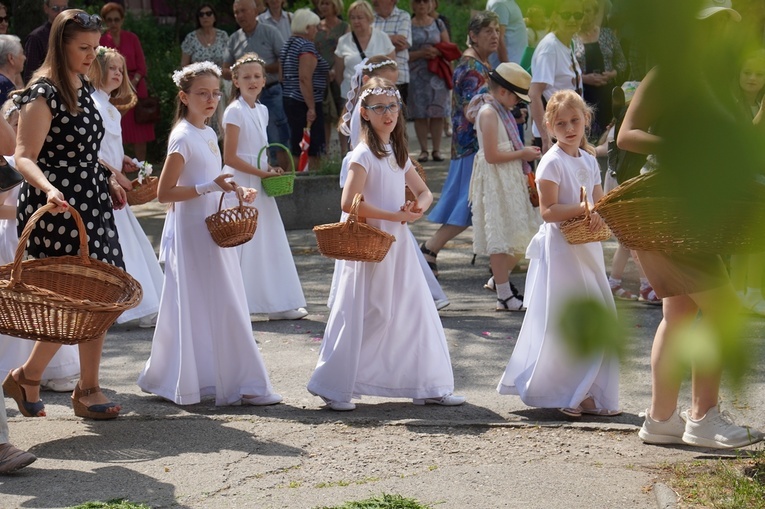 Procesja eucharystyczna z wrocławskiego Kozanowa na Pilczyce z kwietnymi dywanami