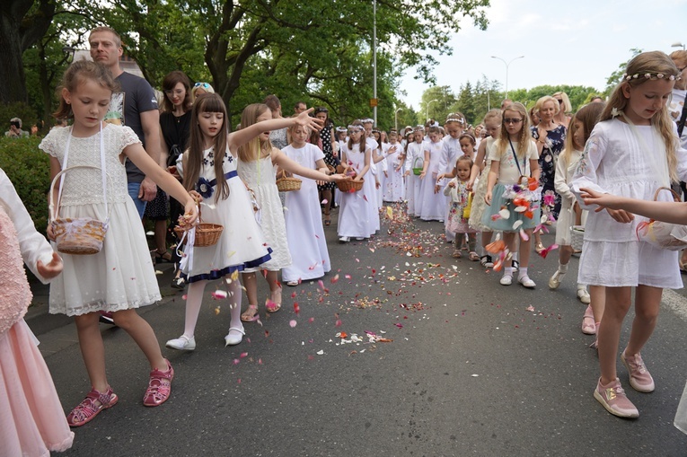 Procesja eucharystyczna z wrocławskiego Kozanowa na Pilczyce z kwietnymi dywanami