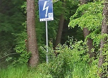 Takie znaki E.2 żeglarze mogą napotkać na wielu szlakach. Ten informuje, że nad drogą wodną przechodzą napowietrzne linie energetyczne. Liczba w prawym dolnym rogu oznacza wysokość linii napowietrznej nad poziomem najwyższej wody żeglownej.