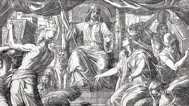 Rycina z Biblii wydanej w 1909 r. Ilustracja do fragmentu 1 Księgi Królewskiej (10,10), opisujacego przybycie królowej Saby do króla Salomona.