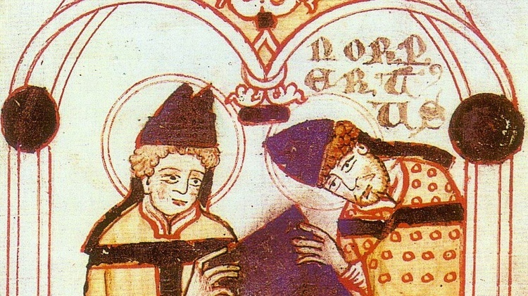 Norbert z Xanten (po prawej) otrzymuje regułę augustyńska od św. Augustyna z Hippony. Ilustracja z "Żywota św. Norberta" (XII w.). Źródło: domena publiczna.