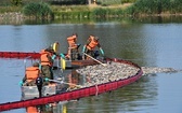 Akcja oczyszczania Odry  ze śniętych ryb  przy użyciu zapory elastycznej w Widuchowej.