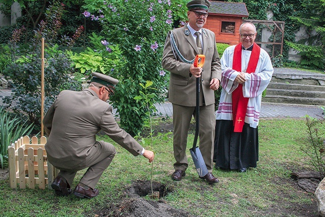 	Od lewej: nadleśniczy Marek Cholewa (z sadzonką),  dyrektor Damian Sieber i ordynariusz opolski.