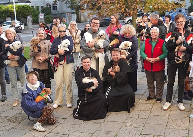 ▼	Franciszkowe spotkanie. 	Klasztorna kotka dołączyła do innych czworonogów.