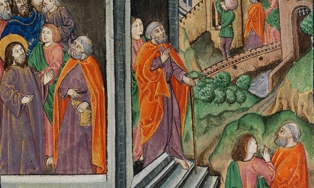 Piotr i Jan wysłani, by przygotować Paschę - fragment iluminacji rękopisu na pergaminie.