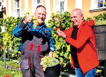 	W paradyskiej winnicy, jak przed wiekami, wino powstaje metodą tradycyjną. Na zdjęciu: Mariusz Pacholak i kustosz tutejszego sanktuarium ks. Dariusz Mazurkiewicz.