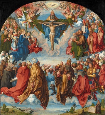 Albrecht Dürer, „Adoracja Trójcy Świętej”. Artysta namalował różne grupy świętych. Za Janem Chrzcicielem (na prawo od Chrystusa u góry) widzimy osoby ze Starego Testamentu. Łatwo rozpoznać króla Dawida z harfą i Mojżesza z tablicami przykazań.
