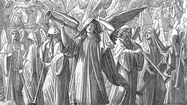 Anioły wzywają dźwiękiem trąb na Sąd Boży. Rycina z Biblii wydanej w 1909 r.