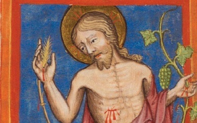 Jezus z symbolami eucharystycznymi - obrazek z XV-wiecznego modlitewnika niemieckiego (detal).