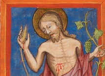 Jezus z symbolami eucharystycznymi - obrazek z XV-wiecznego modlitewnika niemieckiego (detal).