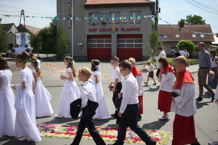 Procesja Bożego Ciała po kwietnych dywanach w Zalesiu Śląskim