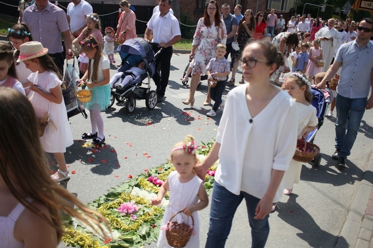 Procesja Bożego Ciała po kwietnych dywanach w Zalesiu Śląskim