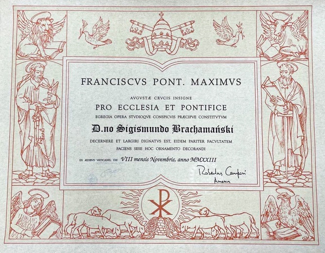 Pismo papieskie przyznające medal "Pro Ecclesia et pontifice" panu Zygmuntowi Brachmańskiemu