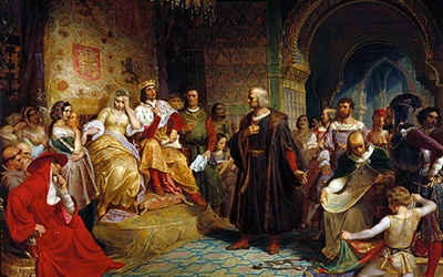 Krzysztof Kolumb przed Izabelą Kastylijską i Ferdynandem Aragońskim.
