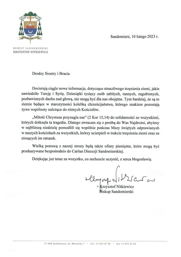Apel biskupa ordynariusza w związku z trzęsieniem ziemi w Turcji i Syrii