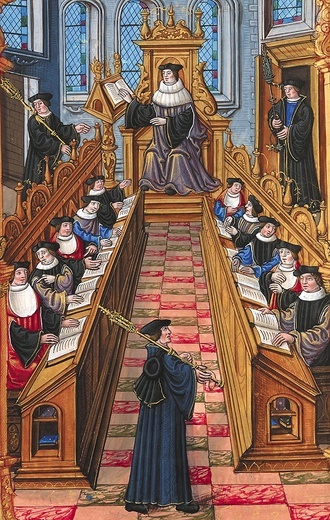  Wykład na paryskiej Sorbonie na ilustracji manuskryptu z I połowy XVI wieku.