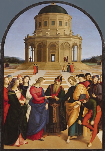 Rafael (Raffaello Santi, zwany też Sanzio), „Zaślubiny Najświętszej Maryi Panny”, olej na desce, 1504, Pinakoteka Brera, Mediolan.