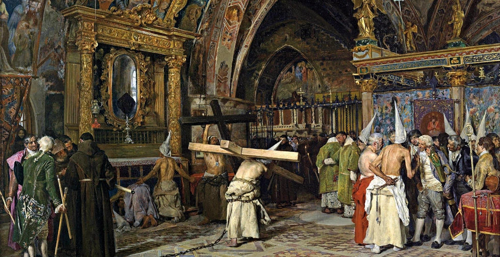 José Jiménez Aranda, „Pokutnicy w dolnym kościele bazyliki w Asyżu”, olej na płótnie, 1874, Muzeum Prado, Madryt. 