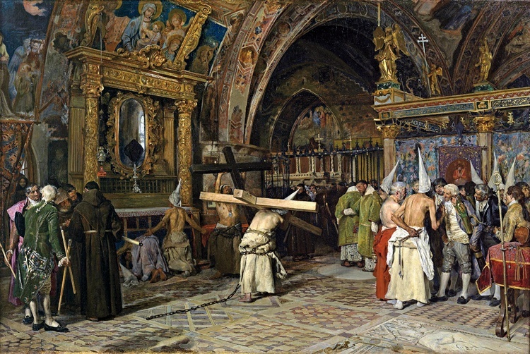 José Jiménez Aranda, „Pokutnicy w dolnym kościele bazyliki w Asyżu”, olej na płótnie, 1874, Muzeum Prado, Madryt. 