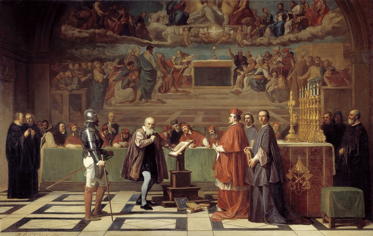 Obraz Josepha Nicolasa Roberta-Fleury’ego przedstawiający Galileusza przed inkwizycyjnym trybunałem.