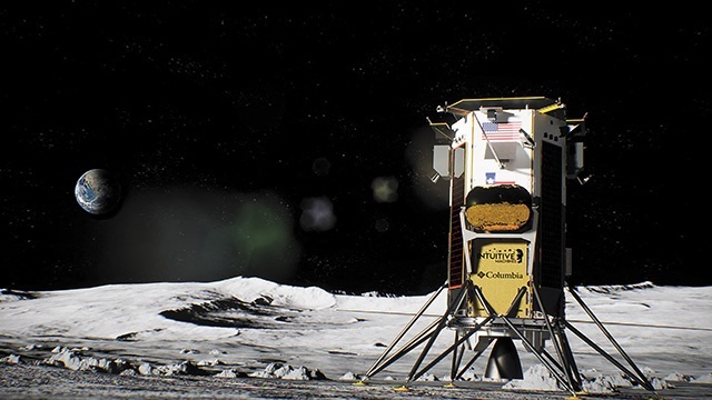 Amerykański lądownik Odyseusz na powierzchni Księżyca.