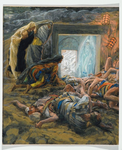 „Maria Magdalena i święte niewiasty u grobu Jezusa”.  Obraz z cyklu „Życie naszego Pana Jezusa Chrystusa”  James Tissot, 1886–1894.
