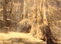 „Wnętrze parku w Gościeradzu” (tusz, gwasz, 1927, fragment).