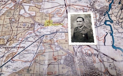 Zdjęcie bohatera na tle mapy rodzinnych stron z Wołynia.