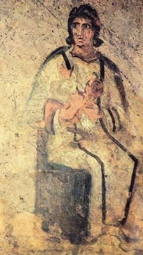 Matka Boża z Dzieciątkiem na fresku w Katakumbach Pryscylli w Rzymie.
