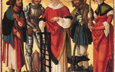 Autor nieznany Święci Jakub, Florian, Wawrzyniec, Wendelin i Genowefa  tempera na desce, 1510–1520 Muzeum Augustianów,  Fryburg Bryzgowijski