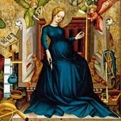 Autor nieznany, „Brzemienna Madonna z Németújvár”, tempera na desce, 1410, Węgierska Galeria Narodowa, Budapeszt. Maryja w widocznej ciąży zasiada przy kołowrotku i przygotowuje przędzę na zasłonę, która rozedrze się w momencie śmierci Jezusa. W pracy pomagają Jej anioły. Z lewej strony leży Biblia otwarta na opisie zwiastowania. Obraz przypomina nam, że celem wcielenia Jezusa była Jego zbawcza ofiara.