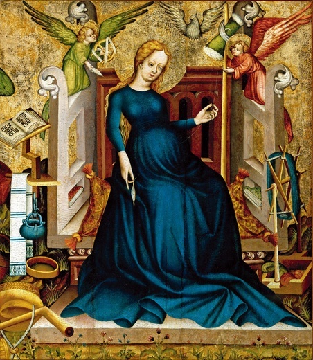 Autor nieznany, „Brzemienna Madonna z Németújvár”, tempera na desce, 1410, Węgierska Galeria Narodowa, Budapeszt. Maryja w widocznej ciąży zasiada przy kołowrotku i przygotowuje przędzę na zasłonę, która rozedrze się w momencie śmierci Jezusa. W pracy pomagają Jej anioły. Z lewej strony leży Biblia otwarta na opisie zwiastowania. Obraz przypomina nam, że celem wcielenia Jezusa była Jego zbawcza ofiara.