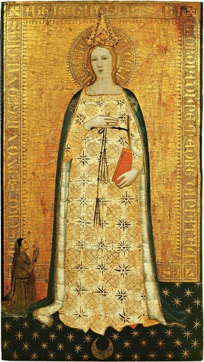 Nardo di Cione, „Madonna del Parto”, tempera na desce, 1355, Museo Bandini, Fiesole. Bardzo wcześnie w wizerunkach Madonny del Parto pojawiło się utożsamienie ciężarnej Maryi z Niewiastą z Apokalipsy. Na obrazie Narda di Cione jest ono sygnalizowane przez schematycznie namalowany księżyc u stóp Matki Bożej.