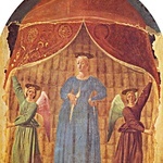 Piero della Francesca, „Madonna del Parto”, fresk, ok. 1460, Museo Madonna del Parto, Monterchi. Maryja w widocznej ciąży stoi w wejściu do namiotu, który otwierają dwa anioły. Od epoki renesansu kurtyna odsłaniana przez anioły jest w sztuce symbolem granicy między światami ziemskim i niebiańskim. Jezus poczęty w łonie Maryi przekroczył tę granicę. Nie przestając być Bogiem, stał się jednocześnie człowiekiem. Namiot nawiązuje też do Namiotu Spotkania, który był dla Izraelitów zapowiedzią budowy świątyni je…