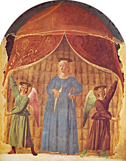 Piero della Francesca, „Madonna del Parto”, fresk, ok. 1460, Museo Madonna del Parto, Monterchi. Maryja w widocznej ciąży stoi w wejściu do namiotu, który otwierają dwa anioły. Od epoki renesansu kurtyna odsłaniana przez anioły jest w sztuce symbolem granicy między światami ziemskim i niebiańskim. Jezus poczęty w łonie Maryi przekroczył tę granicę. Nie przestając być Bogiem, stał się jednocześnie człowiekiem. Namiot nawiązuje też do Namiotu Spotkania, który był dla Izraelitów zapowiedzią budowy świątyni je…