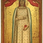 Bernardo Daddi, „Madonna del Parto”, tempera na desce, 1330–1335, Galleria Uffizi, Florencja. Jeden z najwcześniejszych wizerunków typu Madonna del Parto przedstawia koronację ciężarnej Maryi przez anioły. Złote tło oznacza, że wydarzenie to odbywa się w niebiańskiej rzeczywistości.