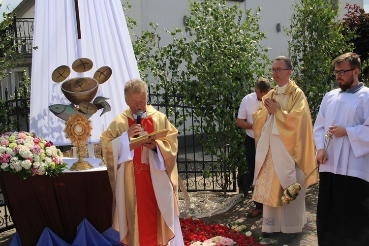 Procesja Bożego Ciała po kwietnym dywanie w Olszowej