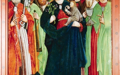 „Madonna z Dzieciątkiem w otoczeniu dwunastu apostołów”, 1460 r. W pierwszym rzędzie od lewej święci: Piotr, Jakub, Bartłomiej; od prawej: Jan, Andrzej, Tomasz.