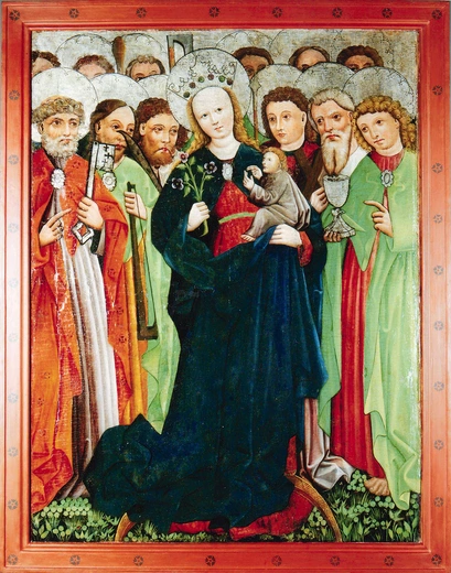 „Madonna z Dzieciątkiem w otoczeniu dwunastu apostołów”, 1460 r. W pierwszym rzędzie od lewej święci: Piotr, Jakub, Bartłomiej; od prawej: Jan, Andrzej, Tomasz.