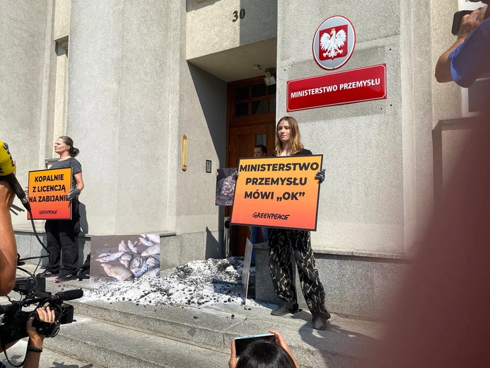 Katowice. Aktywiści pod Ministerstwem Przemysłu. Reagują w sprawie śniętych ryb