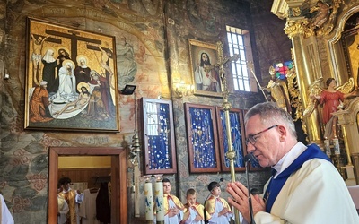 	Obraz poświęcił ks. Stanisław Pachowicz. Malowidło znalazło się w oryginalnym miejscu, nad wejściem z prezbiterium  do zakrystii.