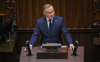 Prezydent Andrzej Duda wygłaszający swoje przemówienie w sejmie