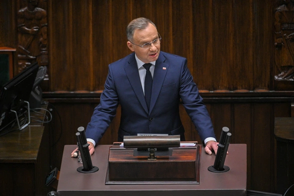 Prezydent Andrzej Duda wygłaszający swoje przemówienie w sejmie