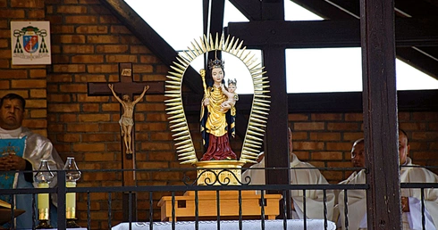 Późnogotycka figura wykonana została z lipowego drewna. Wraz z promienistą aureolą mierzy 85 cm.