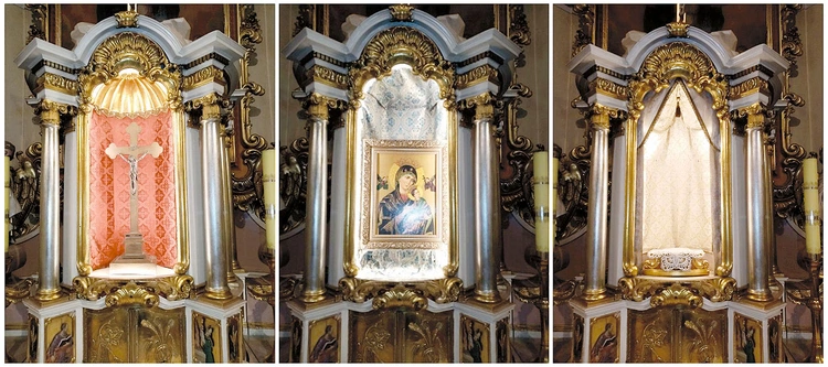 W pozostałych niszach obrotowego tronu w zależności od potrzeb liturgicznych eksponowana jest monstrancja z Najświętszym Sakramentem, krucyfiks lub ikona MB Nieustającejomocy.