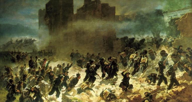 Żołnierze włoscy  20 września 1870 r. idą do szturmu  na starożytny mur Aureliana  otaczający Rzym.  Wyłomu przy Porta Pia  broni wojsko papieża.  Obraz Carla Ademollo.