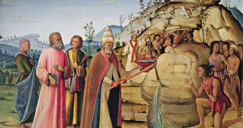 Św. Klemens uderzający w skałę na płótnie z XV w.