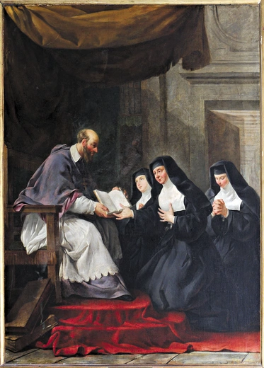 Św. Franciszek Salezy wręcza regułę zakonu wizytek św. Joannie de Chantal – na płótnie z XVIII wieku