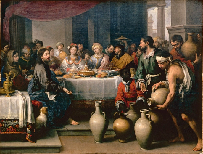 Pierwszy cud Jezusa – przemiana wody w wino podczas wesela w Kanie Galilejskiej na obrazie Bartolomé Estebana Péreza Murillo, zatytułowanym „Gody w Kanie” (1675).